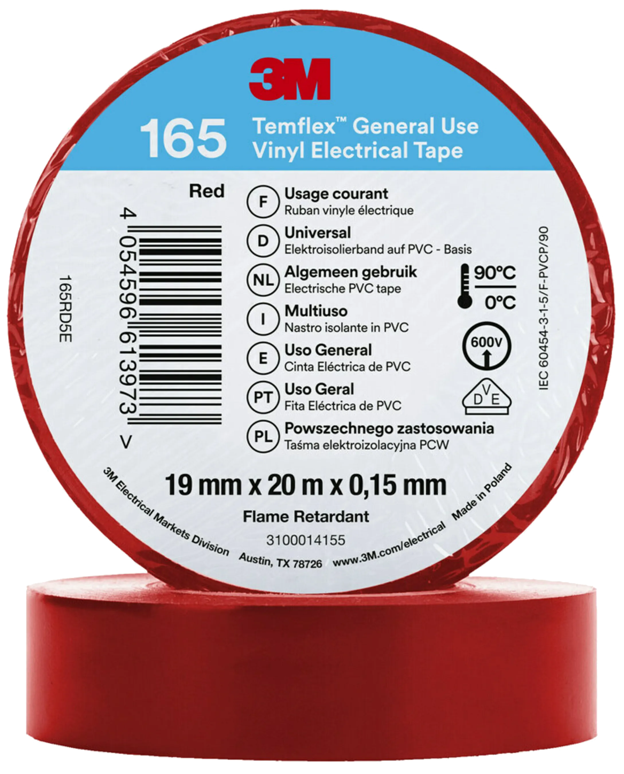 Temflex 165 elektrovinyltape 19mm×20m rød