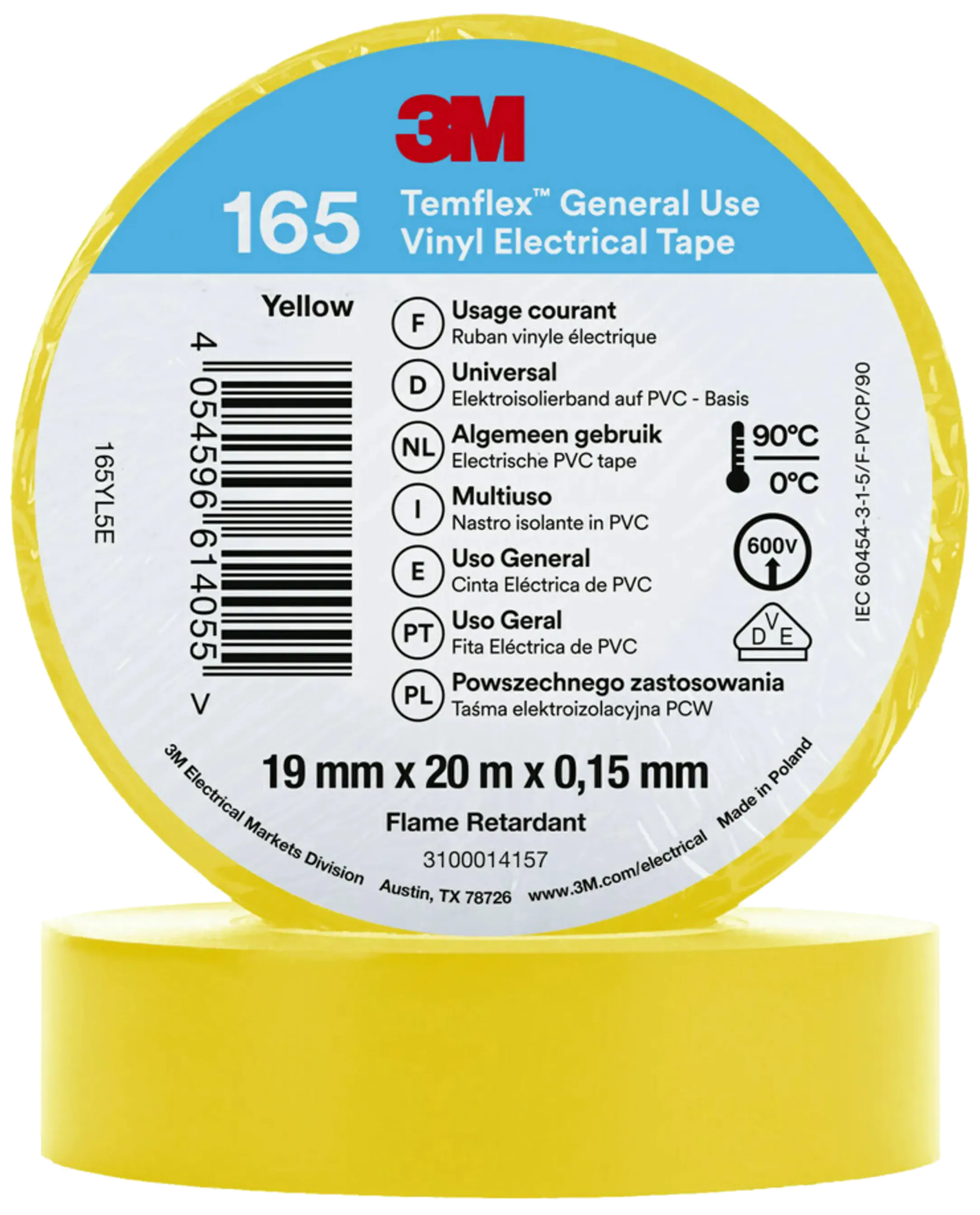 Temflex 165 elektrisk vinyltape 19mm×20m gul