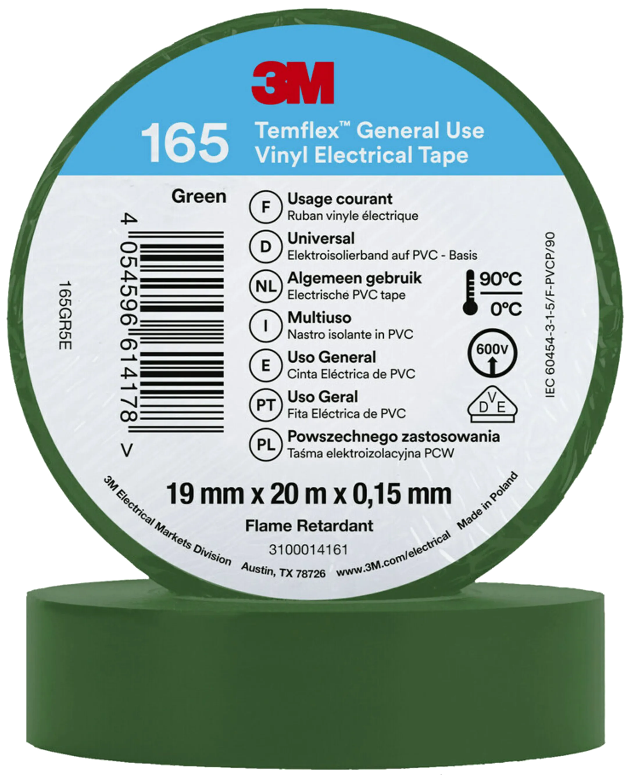 Temflex 165 el-vinyltape 19mm×20m grønn