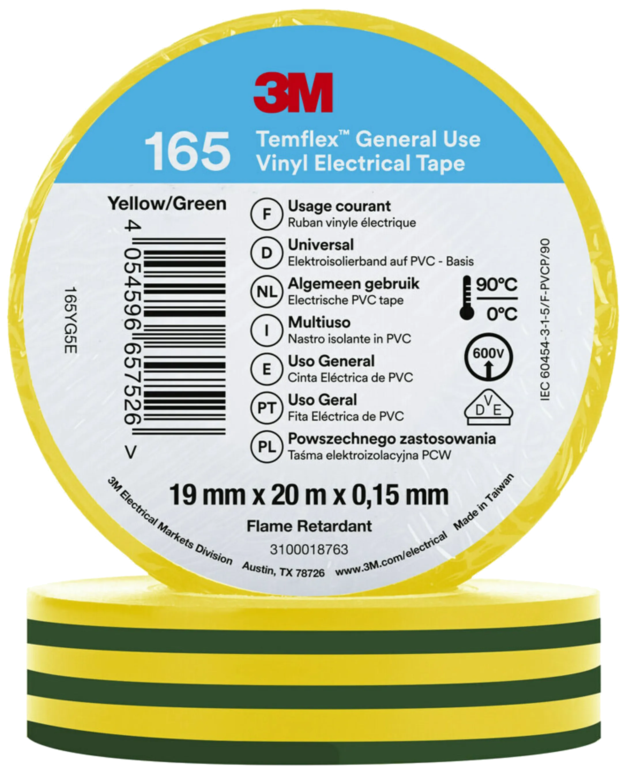 Temflex 165 elektrisk vinyltape 19mm×20m grønn/gul