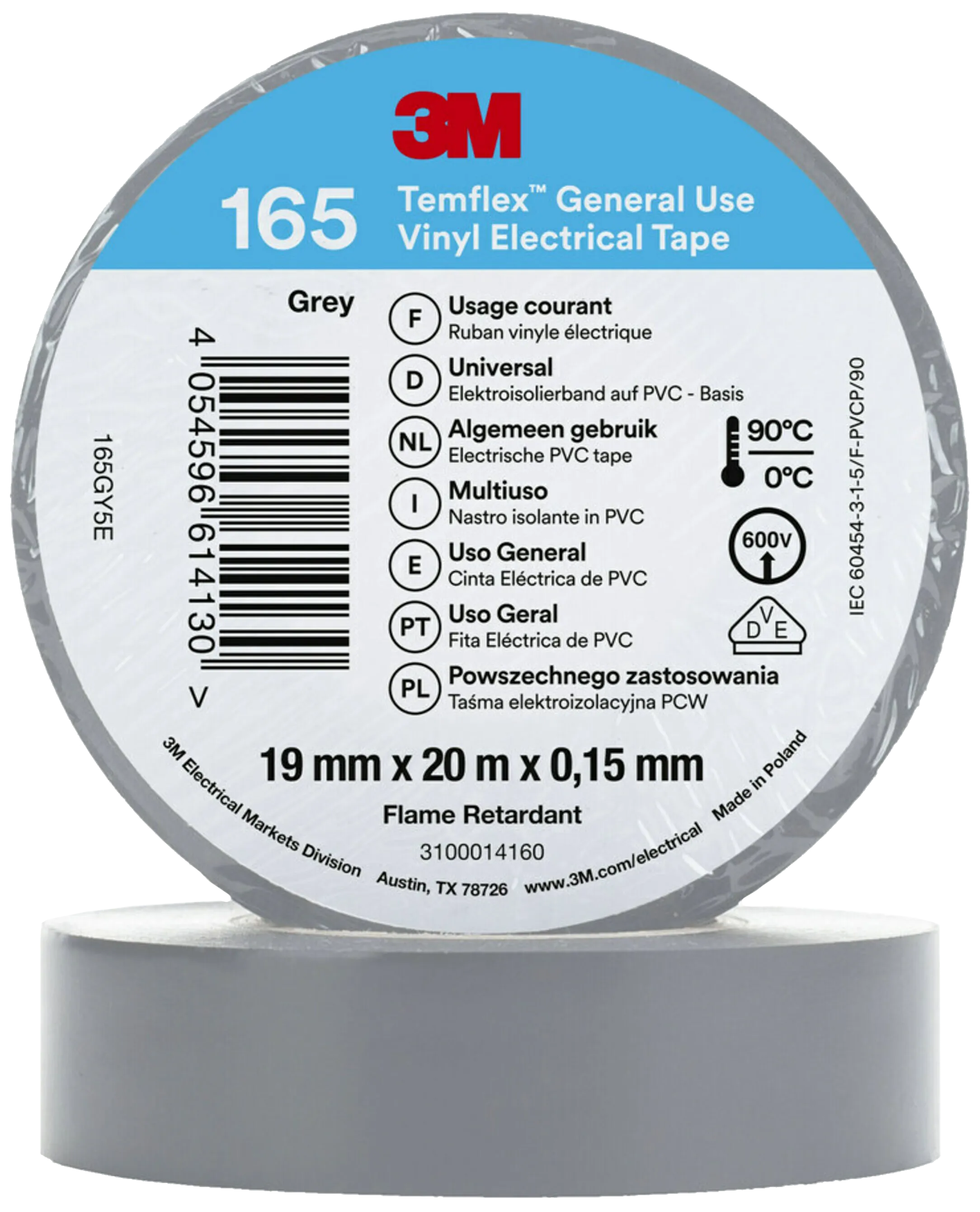Temflex 165 elektrisk vinyltape 19mm×20m grå