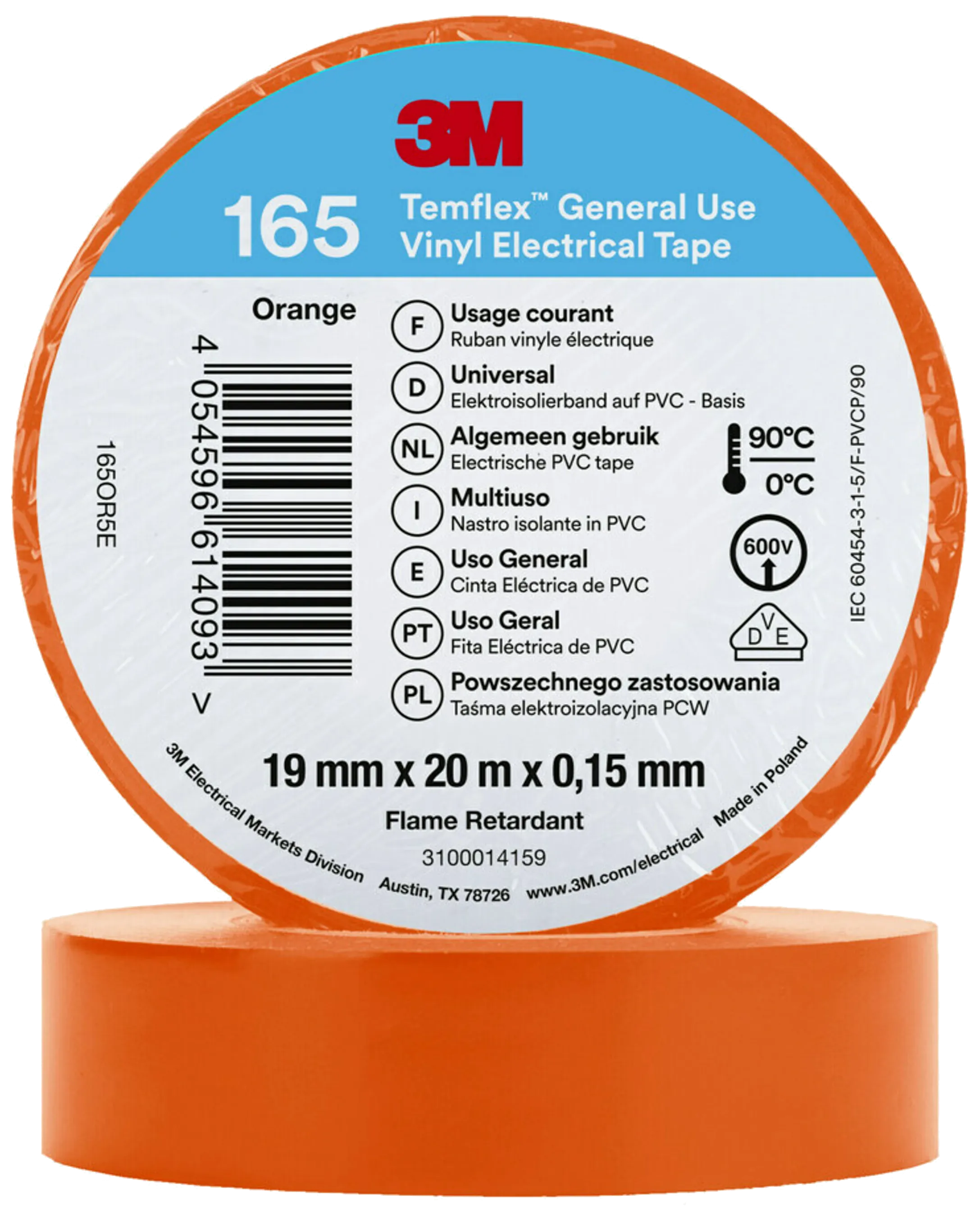 Temflex 165 elektrisk vinyltape 19mm×20m oransje