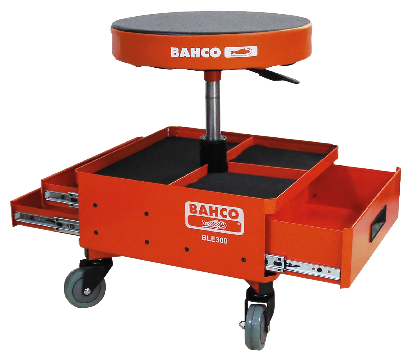 BAHCO Cushioned pneumatic stool with easy-to-reach storage drawers and trays for tools and parts