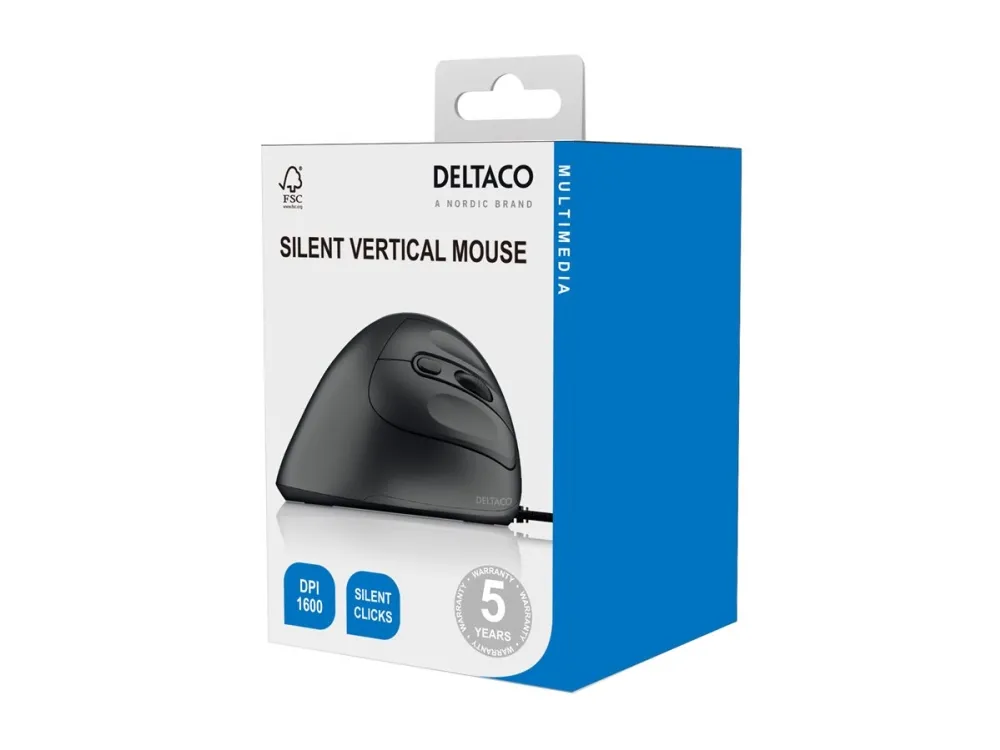 Deltaco Silent Wired Vertical Mouse 4 buttons 1000-1600 - Ergonomisk mus - 4 - Svart