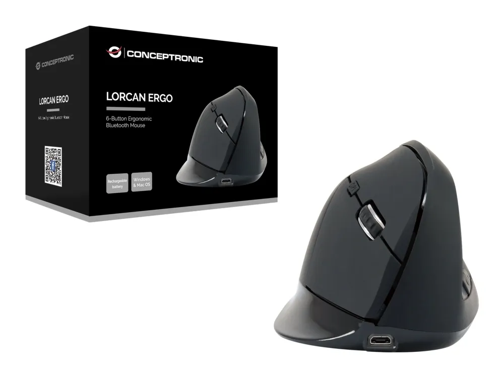 Conceptronic LORCAN03B ERGO - vertical mouse - Bluetooth 5.2 - black - Vertical mouse - Optisk - 6 - Svart