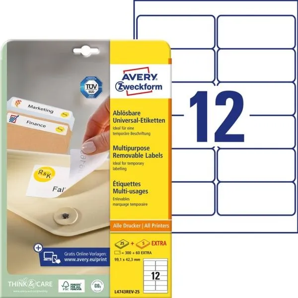 Avery Avtagbare flerbruksetiketter , Til alle skrivere, 99,1 x 42,3 mm, Hvit
