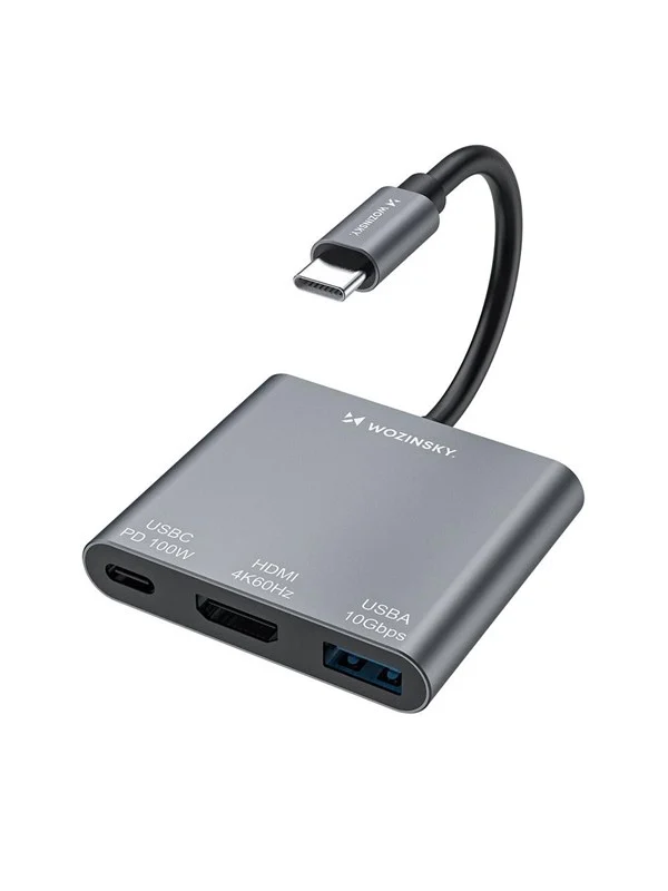Wozinsky WHCH-01 USB-C PD 100W HDMI 4K@30Hz USB-A 10Gbps Hub - Grey USB-hub - USB 3.0 - 3 porter - Grå