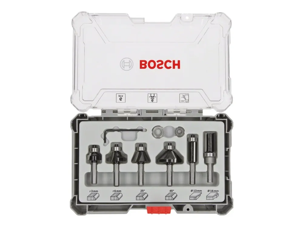 Bosch Sett med fresejern, 6 deler, profilering, 1/4" skaft 6-piece Trim and Edging Router Bit Set with 1/4" shank diameter.