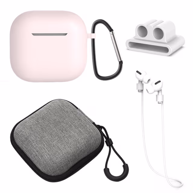For AirPods 4 5 stk Tilbehør Veske Oppbevaringsboks Halsstropp Hodetelefonholder Nøkkelring - Rosa
