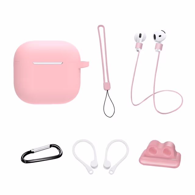 For AirPods 4 6 i 1 tilbehør Veske Stroppholder Ørekroker Halsstropp Nøkkelring - Rosa