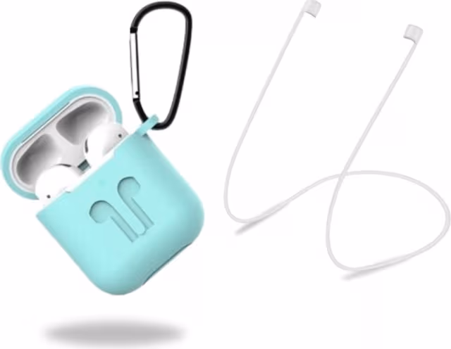 Beskyttelsesetui i silikon med hodetelefonstropp og anheng til Apple Airpods, turkisgrønn