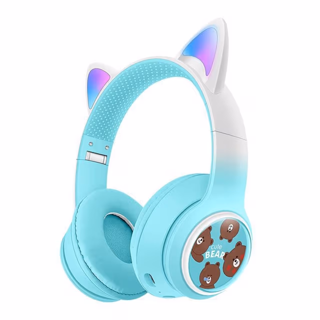 Trådløse On-Ear-hodetelefoner med glødende katteører og Bluetooth-spillhodesett – Blå