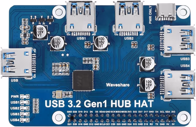 Waveshare USB 3.2 Gen1 HUB HAT for Raspberry Pi 4 med 4x USB 3.2 Gen1-porter opptil 5 Gbps