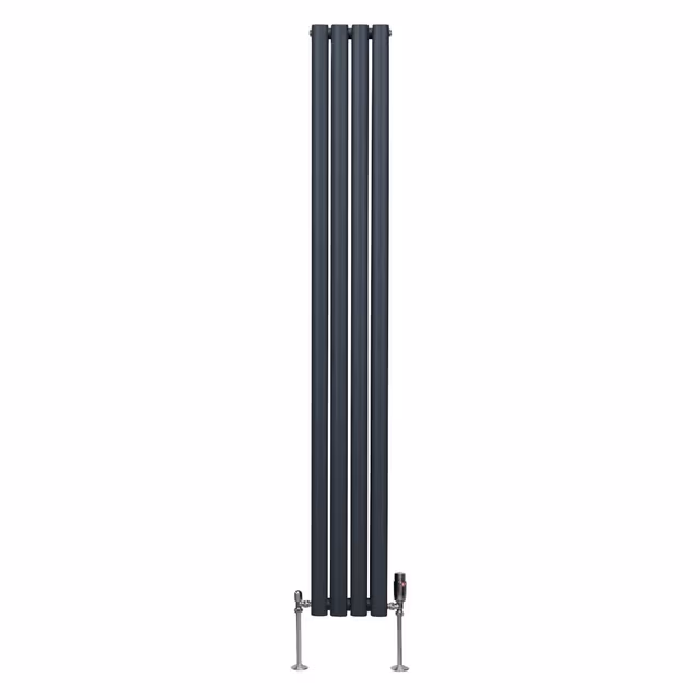 Oval kolonneradiator - 1800 mm x 240 mm - Antrasittgrå og TRV kromventiler