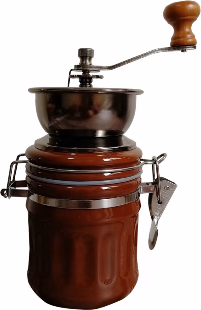 Retro brun keramisk manuell kaffekvern — håndsveiv kaffekvern, forseglet rund beholder for hjemmebruk