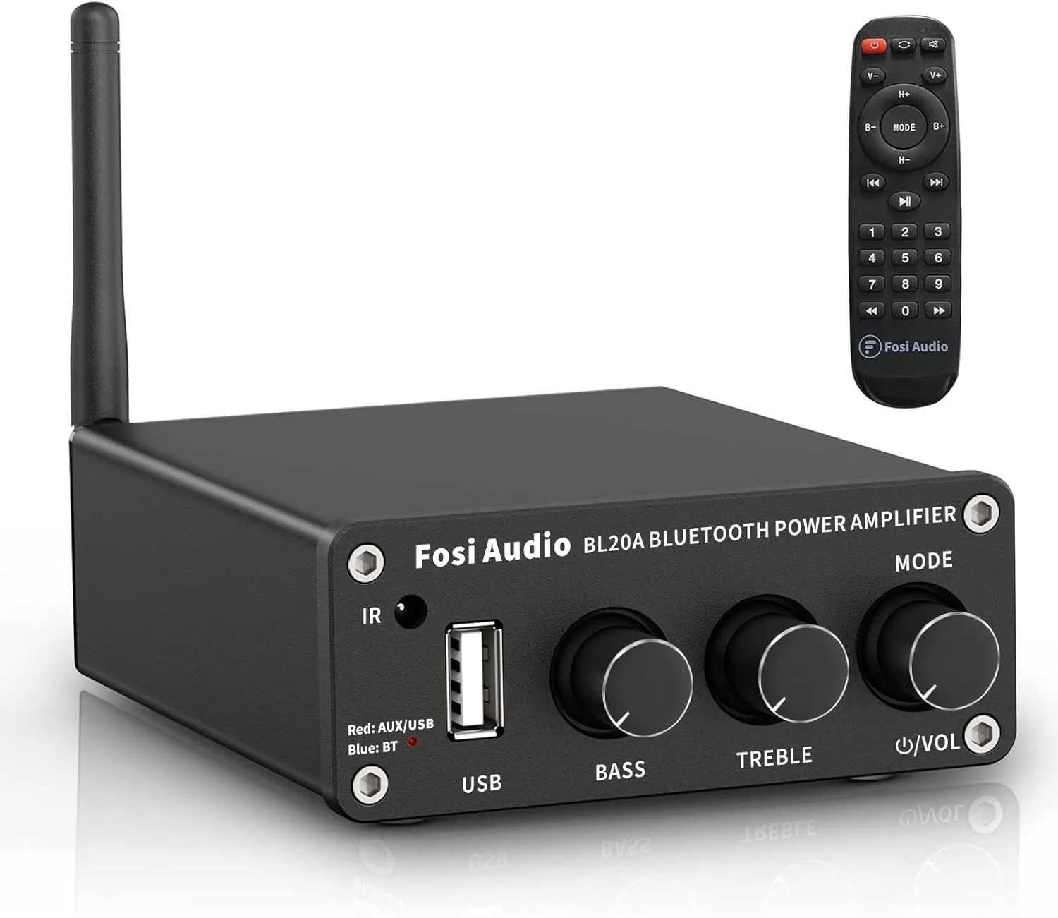 Fosi Audio BL20A 200W Bluetooth 5.0 Home Audio Stereoforsterker Hi-Fi Mini Class D integrert forsterker med U-Disk/3,5MM AUX/RCA-inngang og fjernkontroll
