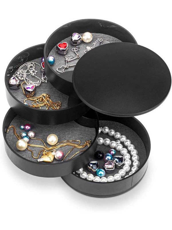 UNIQ Rotatable Round Jewelry Box with 4 Compartments - Black