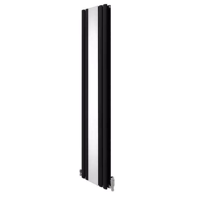 Oval søyle radiator med speil og ventiler - 1800 mm x 380 mm - svart