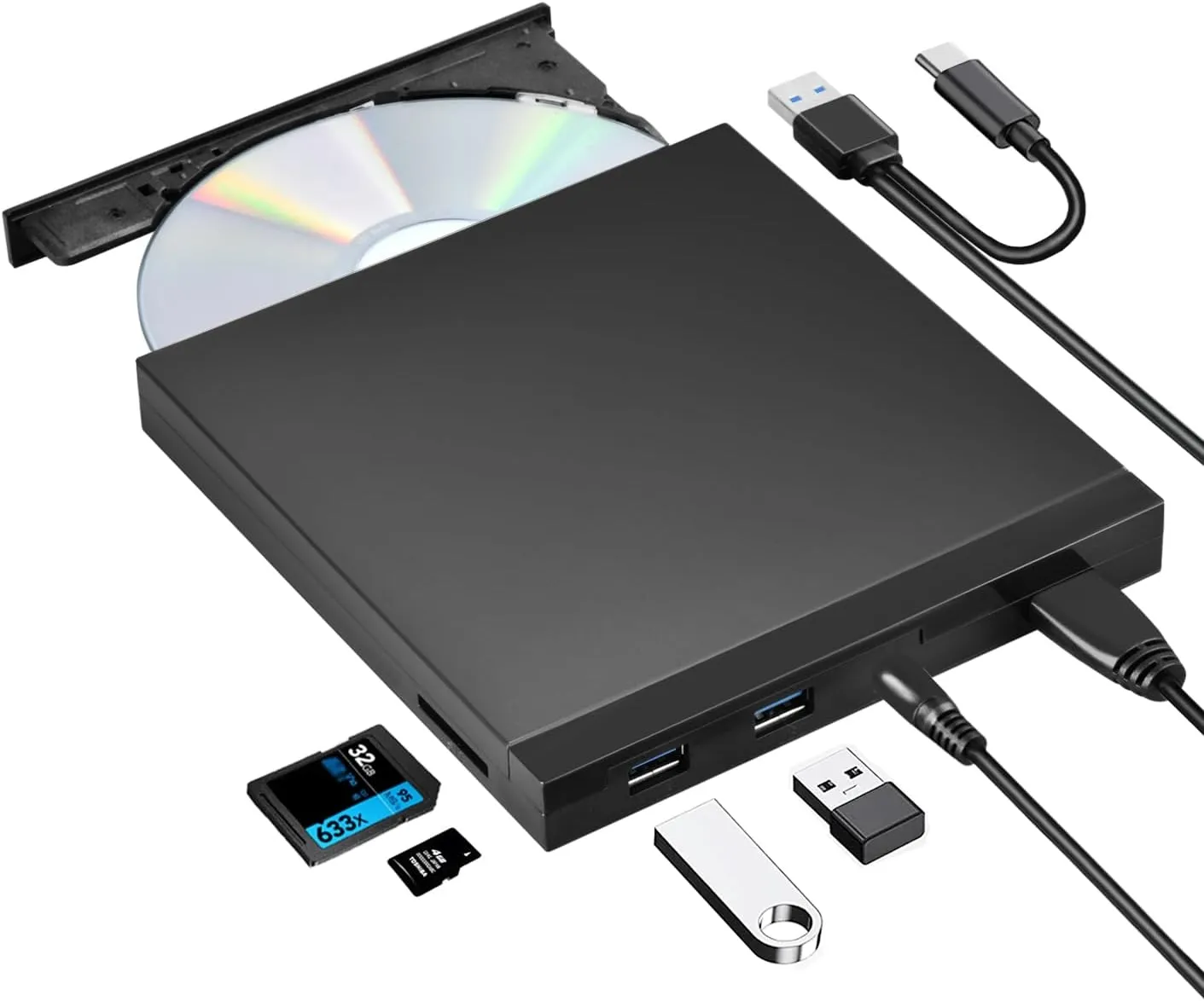 NÖRDIC Bærbar CD-brenner og spiller og USB-hub med SD/Micro-SD-kortleser