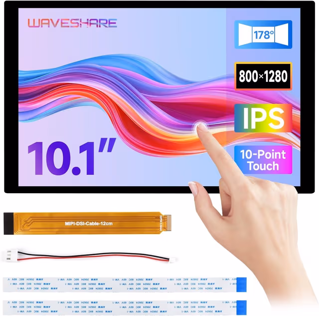 Waveshare 10,1"" DSI Touchskjerm, 800 x 1280, IPS-panel, Optical Bonding herdet glass, for Raspberry Pi/RK3576/RK3506/ESP32-P4