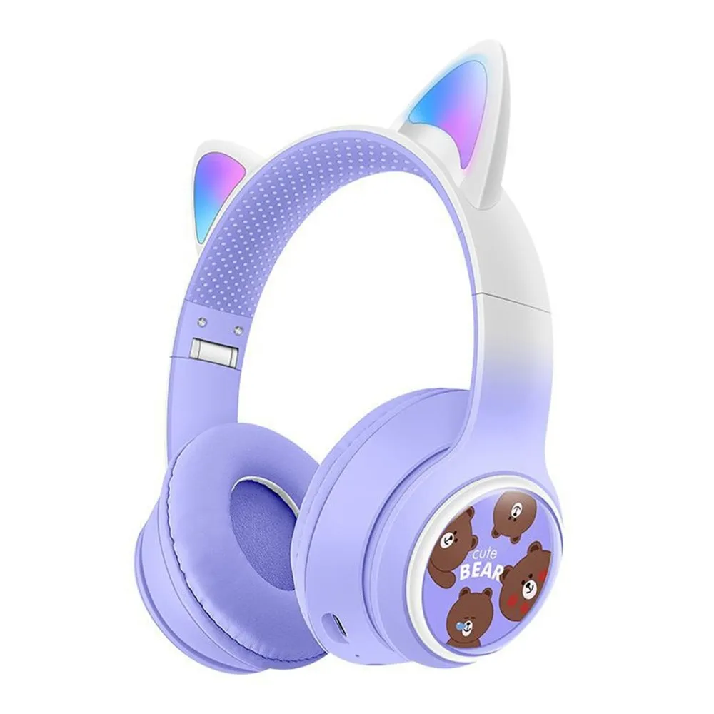 Trådløse On-Ear-hodetelefoner med glødende katteører og Bluetooth-spillhodesett – Lilla