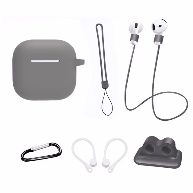 For AirPods 4 6 i 1 tilbehør Veske Stroppholder Ørekroker Halsstropp Nøkkelring - Grå