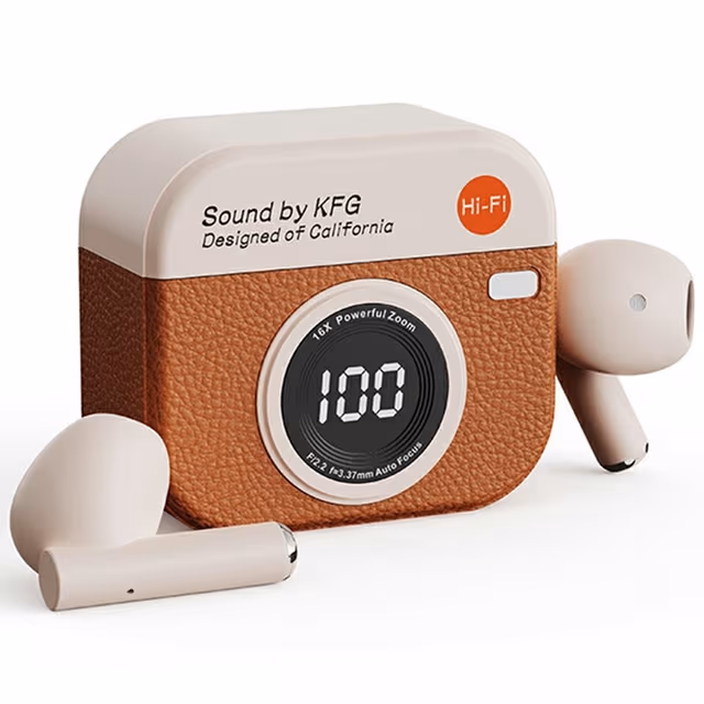 Retro kameradesign Bluetooth-hodetelefoner Støyreduksjon In-Ear-hodetelefoner - brun