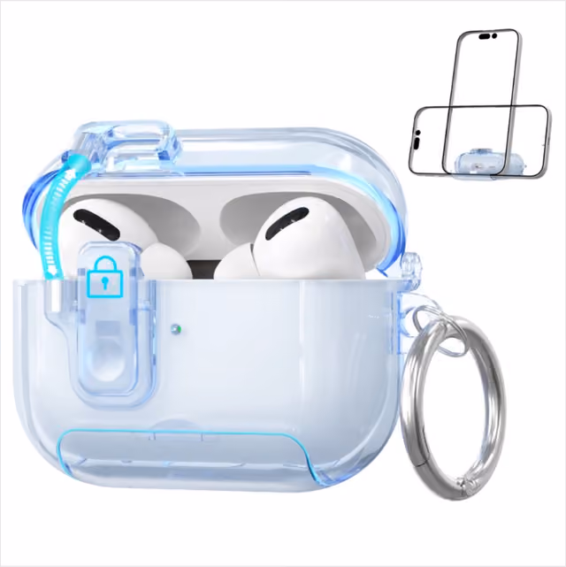 Gjennomsiktig blått TPU-beskyttelsesdeksel kompatibelt med AirPods Pro 3 med stativfunksjon