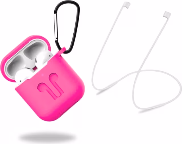 Beskyttelsesetui i silikon med hodetelefonstropp og anheng for Apple Airpods, rosa