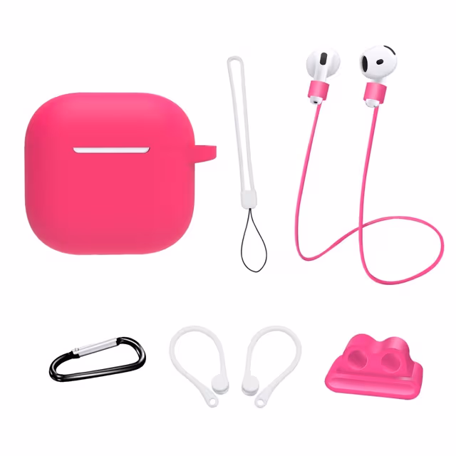 For AirPods 4 6 i 1 tilbehør Veske Stroppholder Ørekroker Halsstropp Nøkkelring - Rose