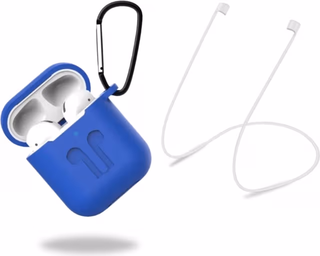 Beskyttelsesetui i silikon med hodetelefonstropp og anheng for Apple Airpods, blå