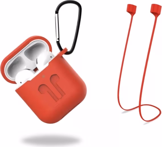 Beskyttelsesetui i silikon med hodetelefonstropp og anheng for Apple Airpods, rød