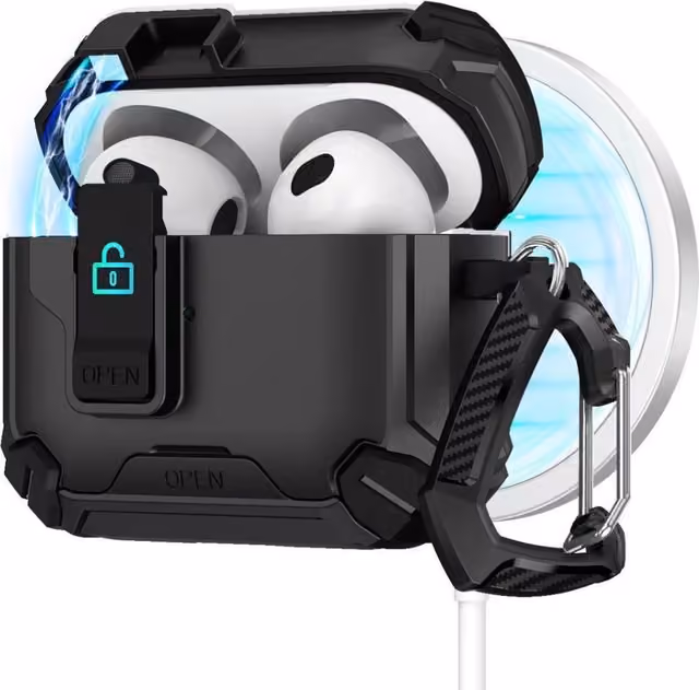 Magnetisk svart AirPods Pro 3-etui kompatibelt med MagSafe, med horisontalt og vertikalt stativ