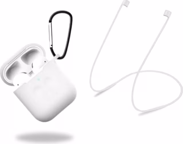 Beskyttelsesetui i silikon med hodetelefonstropp og anheng for Apple Airpods, hvit/transparent