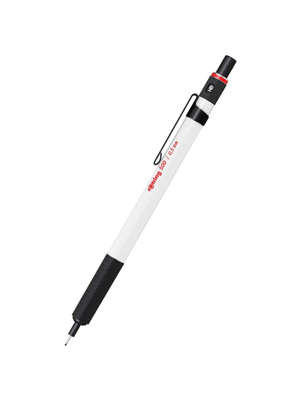 Rotring 500 Mechanical Pencil | 0.5mm HB Lead | White hexagonal plastic barrel and non-slip textured metal grip
