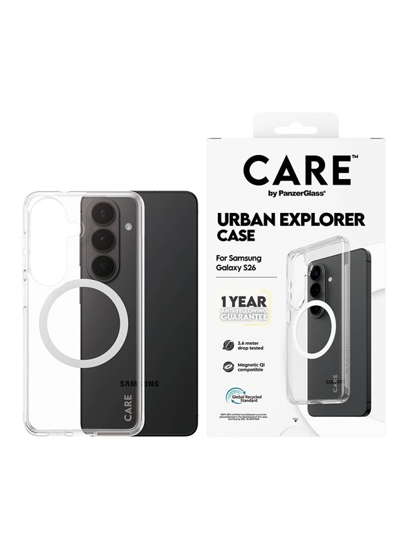 CARE by PanzerGlass Urban Explorer Case Transparent w. White Qi Samsung Galaxy S26