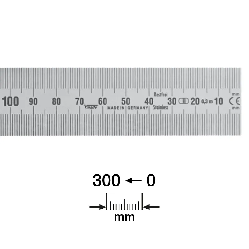 Stållinjal 300x30x1,0 mm med avlesning høyre-mot-venstre