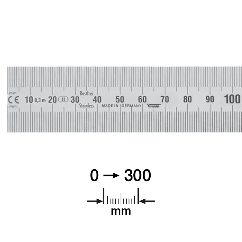 Stållinjal 1000x30x1,0 mm med avlesning venstre-mot-høyre