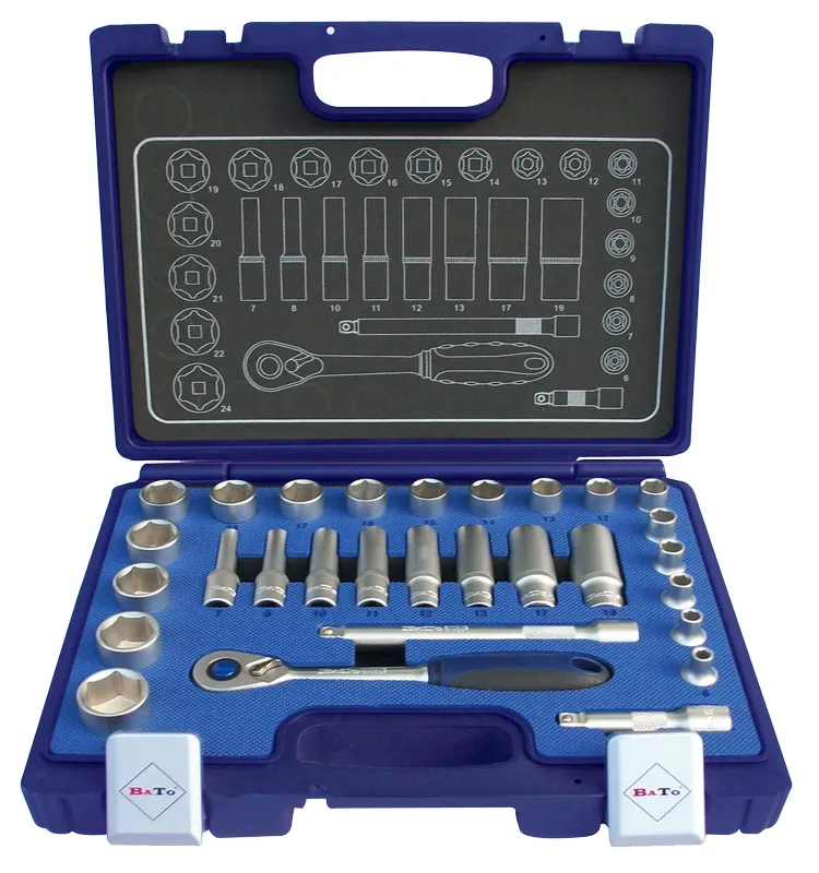 BATO Topnøkkelsett 3/8" 6kt. 6-24mm kort. 7-19mm lang. EVA 29 deler.