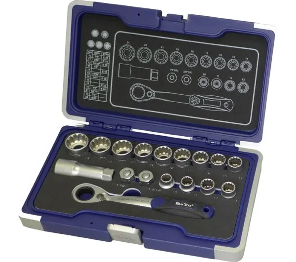 BATO Topnøkkelsett 3/8" SplineLock 10-24mm gjennomstikk 17 deler.