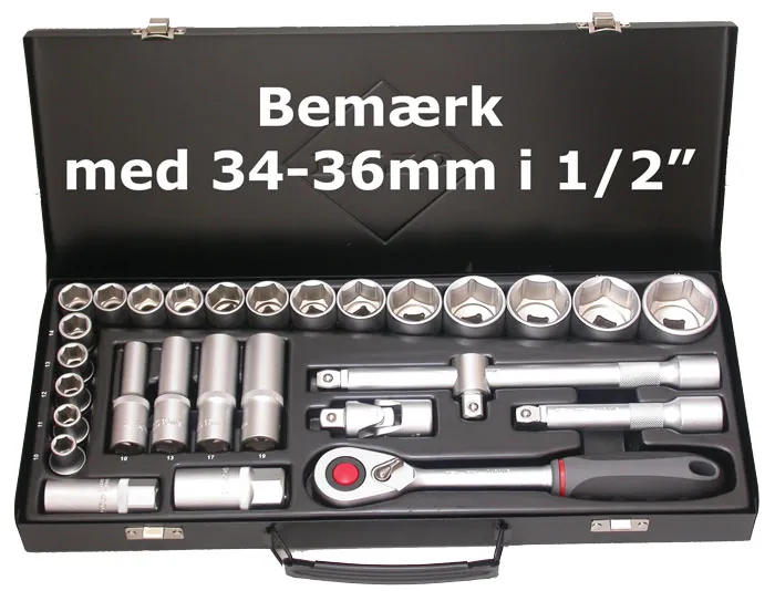 BATO Topnøkkelsett 1/2" 6kt. 10-36mm kort. 10-13-17-19 lang. 28 deler.