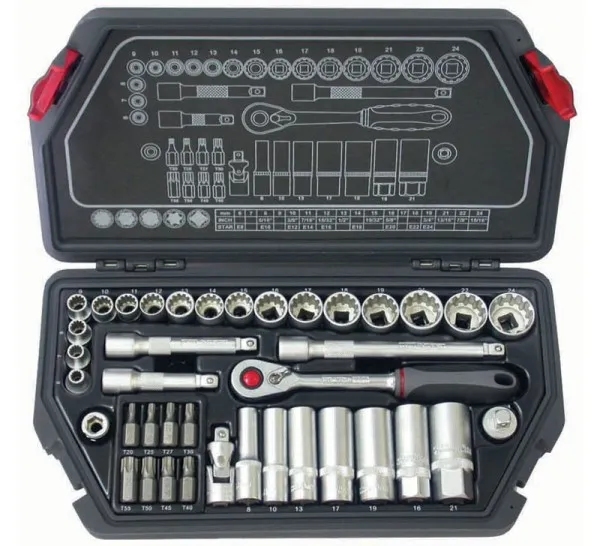 BATO Topnøkkelsett 3/8" SplineLock 6-24mm kort. 8-19mm lang. 39 deler.