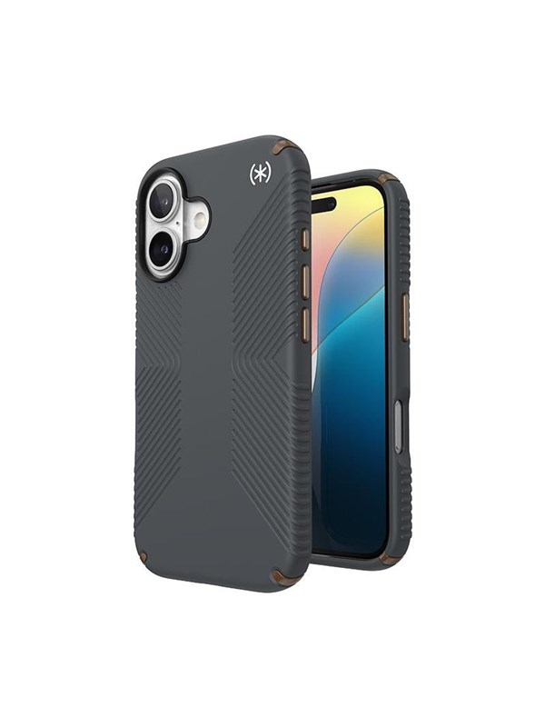 Speck Presidio2 Grip - iPhone 16 Case - Charcoal Gray / Cool Bronze / White