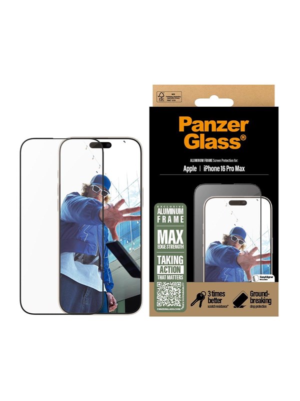 PanzerGlass Screen Protector Aluminum Frame iPhone 16 Pro Max| Ultra-Wide Fit