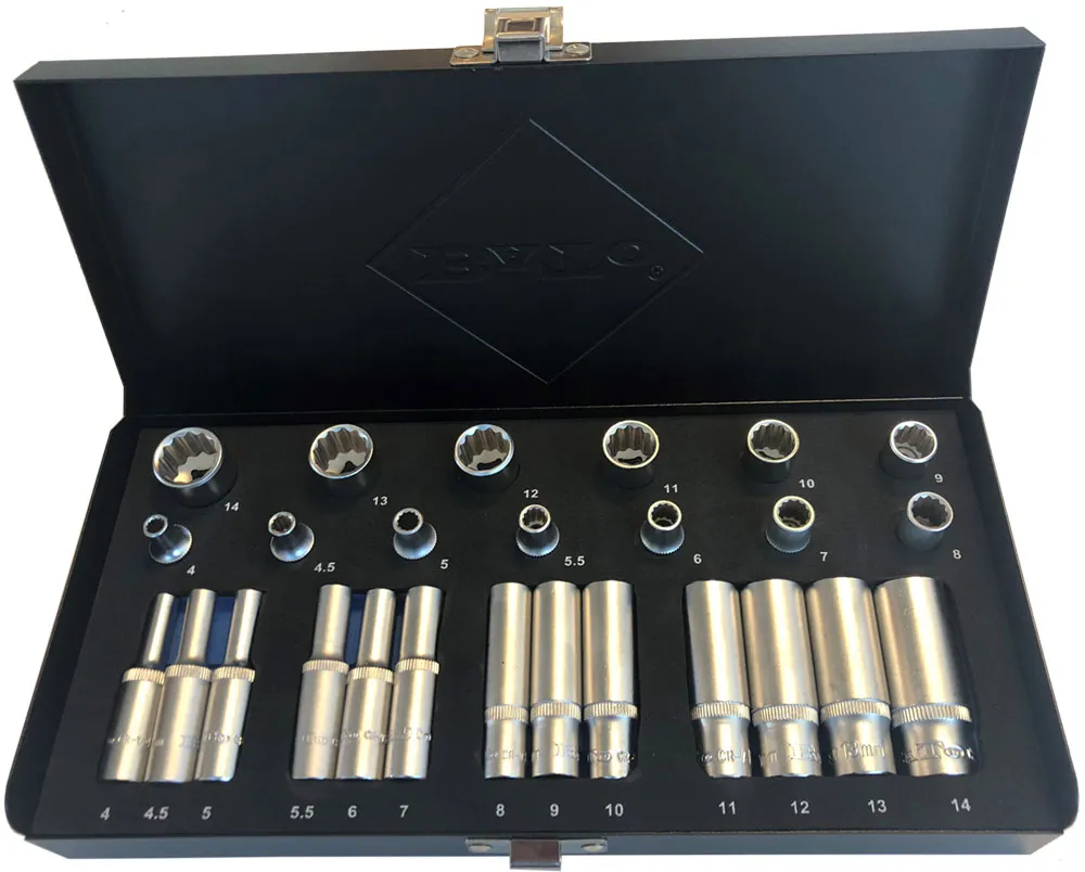 BATO Toppsett 1/4" 12kt. 4-14mm kort. 4-14mm lang. 26 deler.