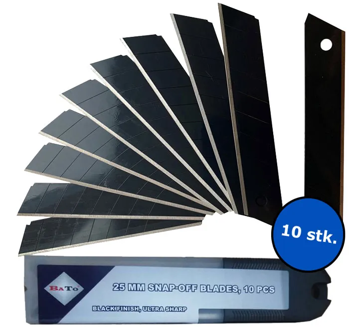 BATO Knivblader knekk-av 25 mm. Svart Finish ultra skarp 10 stk. pk.