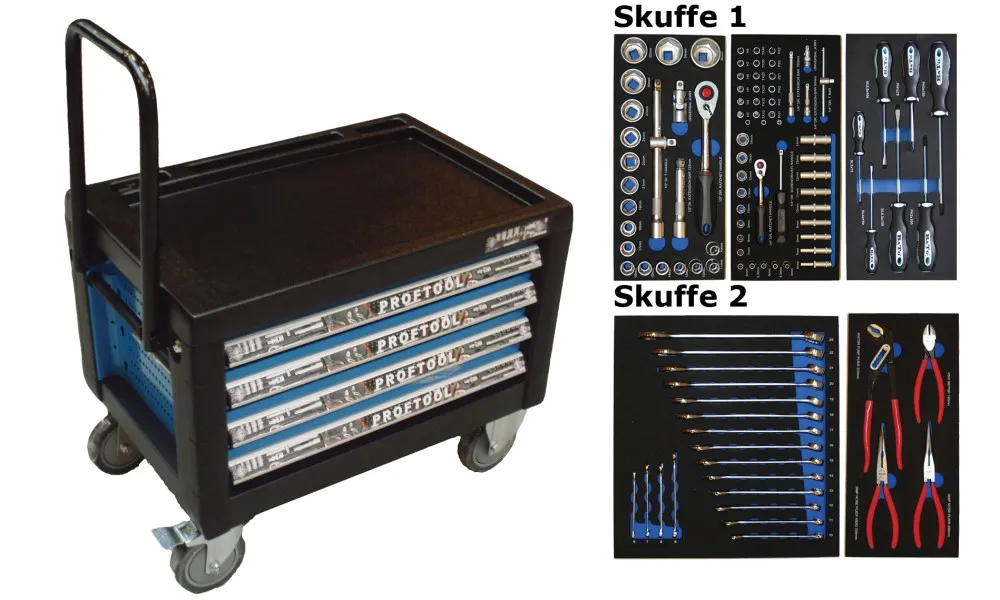 BATO Verktøyvogn mini 4 skuffer. 2 skuffer med 103 deler verktøy i 2 skuffer. Modell 9134-103. Blå.