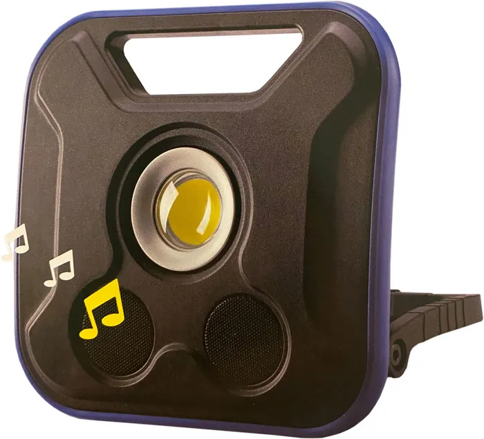 BATO Arbeidslampe 20W med 5W Bluetooth høyttaler. 500/1000/2000 Lumen. Oppladbar.