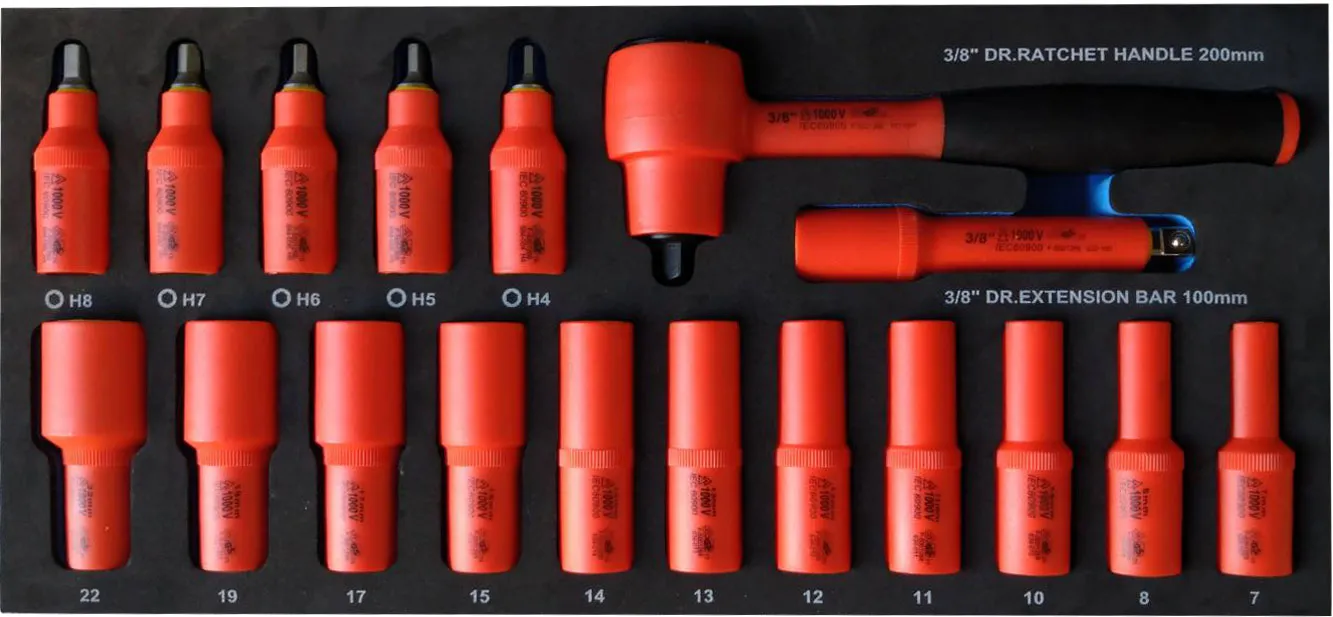 BATO VDE 1000V Topnøkkelsett 3/8" Topper 7-22mm. Pinnetopper 4-8mm. EVA 1/3.