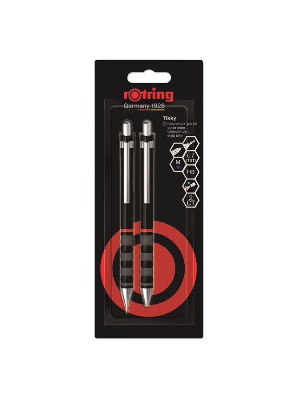 Rotring Tikky Mechanical Pencil & Ballpoint Set| HB Lead 0.7 mm Pencil | Medium Point Pen | Black Barrel